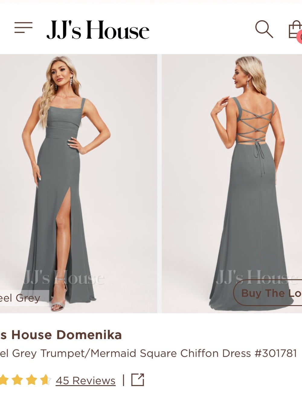 JJ's House Steel Grey Square Neck Chiffon Evening Gown with Side Slit